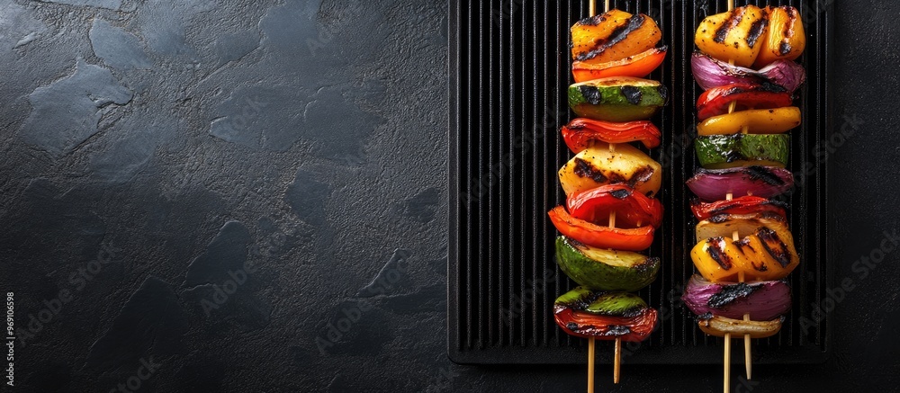 Poster Vegetable and cheese skewers on an electric grill. with copy space image. Place for adding text or design