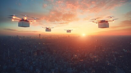 Futuristic drone delivery systems using AI to optimize routes and reduce energy consumption: Drones zipping across the sky, delivering items more efficiently.
