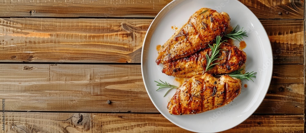 Poster a set of chicken steaks on a white plate is arranged on a brown wooden floor and features copy space