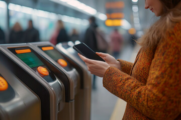 A woman in a metro station uses her smartphone for contactless payment at a ticket barrier.