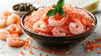 Fresh shrimp resting on vibrant pink salt with a touch of lime, ready to delight seafood lovers at a coastal feast. Generative AI