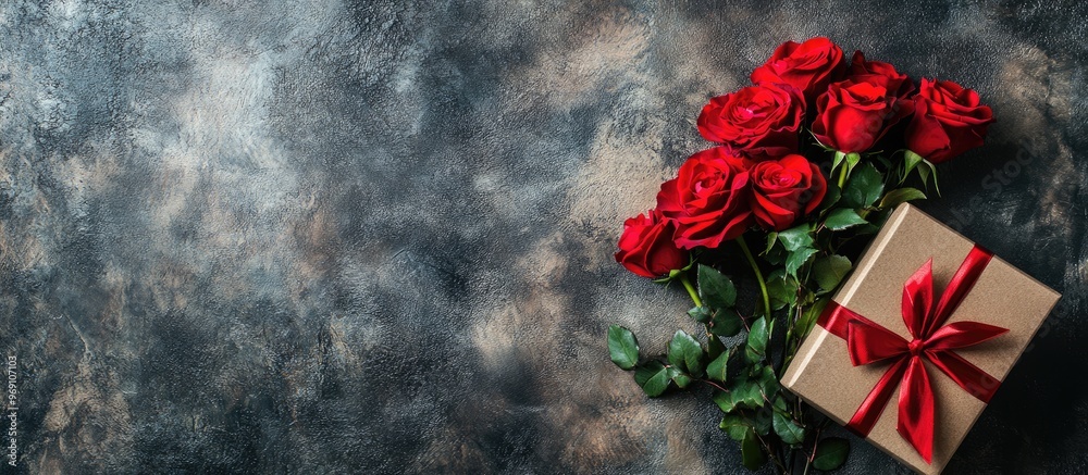 Fototapete valentine s day greeting card featuring a bouquet of red roses and a gift box on a stone background 