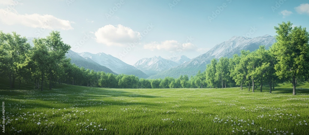 Leinwandbilder a grassy area with trees and mountains in the distance. with copy space image. place for adding text