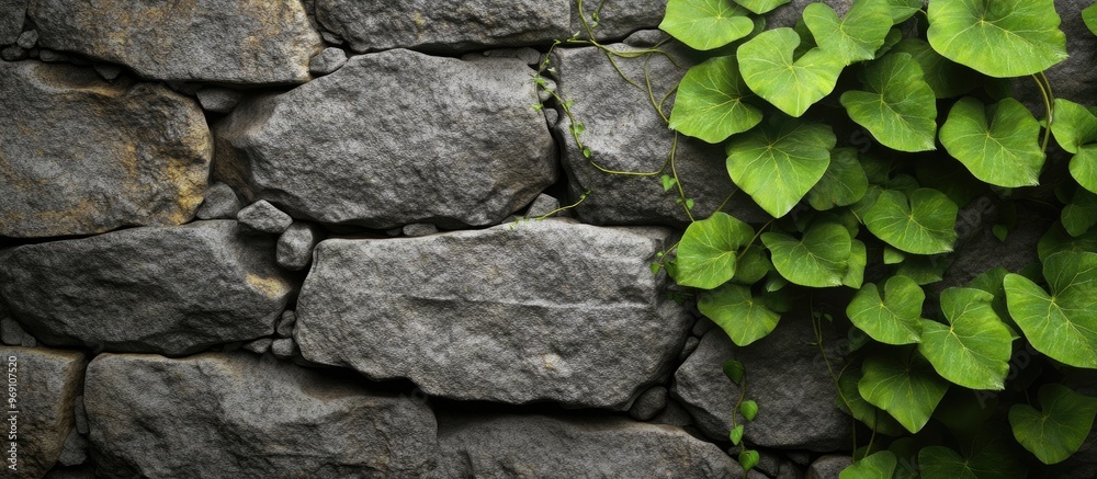 Aufkleber leaves of a green plant emerging from a stone wall. with copy space image. place for adding text or 