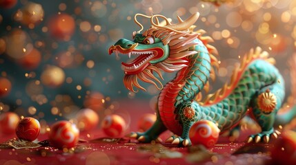 Fototapeta premium 3d chinese dragon with a gold podium and red background, celebrating the new lunar year with festive illustrations, happy cny banners, and golden decorations perfect for party and celebration themes