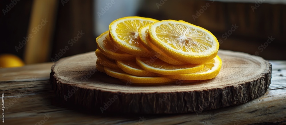 Aufkleber Stack of sliced citrus fruits Lemons On a wooden plate. with copy space image. Place for adding text or design