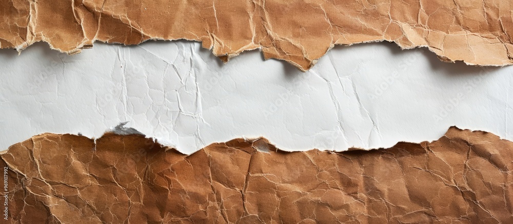 Poster brown paper ripped away to uncover a white section. with copy space image. place for adding text or 