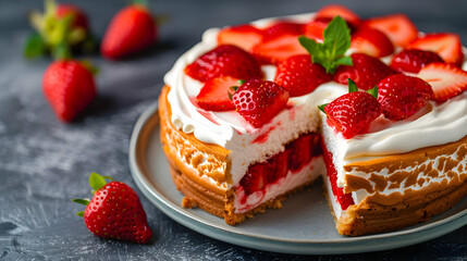 Strawberry Yogurt Topped Meringue Cake Shown