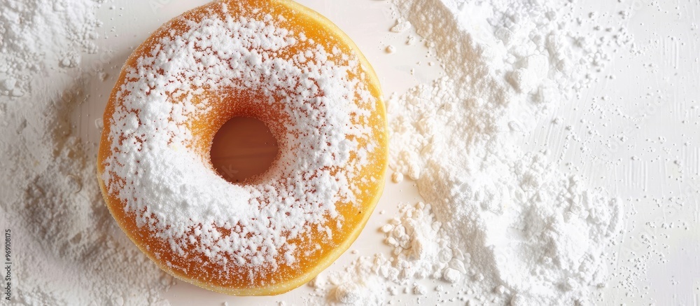 Fototapete donut and powdered sugar on parchment paper. with copy space image. place for adding text or design