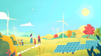 Children walking towards solar panels and wind turbines. Concept of renewable energy, sustainability, green energy, and environmental awareness.