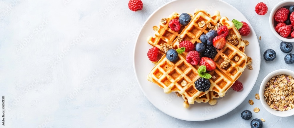 Leinwandbilder breakfast table featuring waffles granola and fresh berries. with copy space image. place for adding