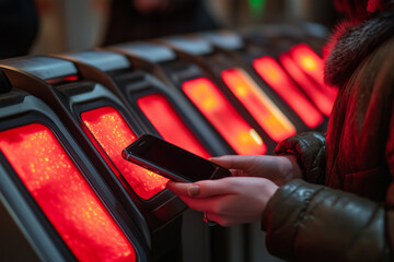 A close-up of a person using a smartphone for contactless payment or ticket validation at an automated turnstile gate. 
