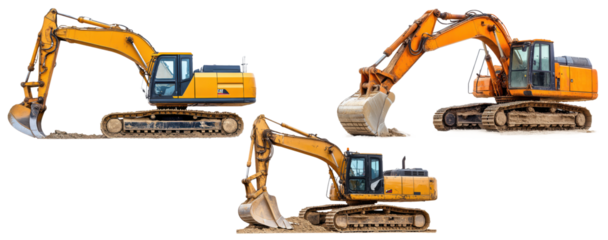 Set of Construction excavator isolated on transparent background, heavy-duty machinery