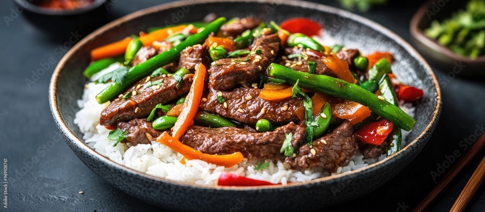 Poster chinese cuisine featuring stir fried green beans and beef accompanied by rice and tea. with copy spa