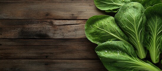 Fototapeta premium Fresh green pak choy cabbage leaves with water droplets on a wooden table space for text. with copy space image. Place for adding text or design