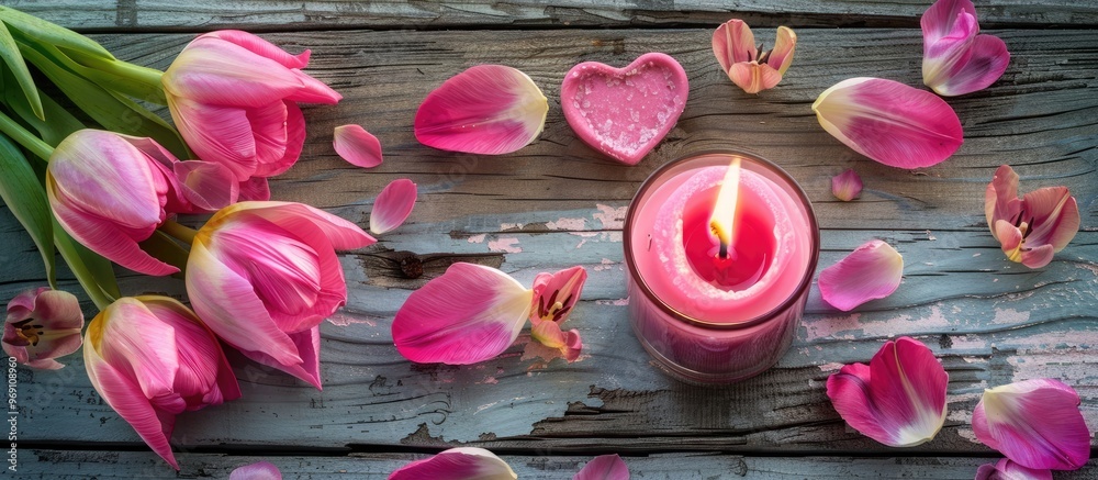 Poster fresh pink tulip blooms hearts and a lit candle on a rustic wooden surface. with copy space image. p