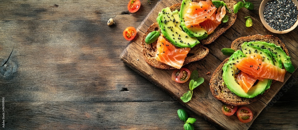 Aufkleber whole grain rye bread toast topped with salmon and avocado set against a wooden table background a n