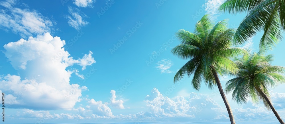 Aufkleber Palm trees set against a blue sky with clouds A tropical summer travel frame background featuring copyspace