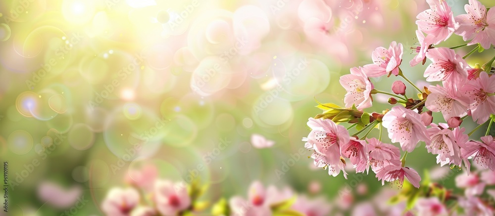 Poster beautiful natural setting featuring pink sakura flowers and stunning cherry blossom against a green 