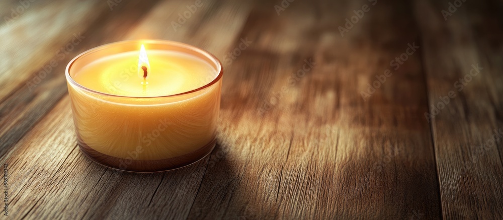 Poster Close up of a spa candle on a wooden surface. with copy space image. Place for adding text or design