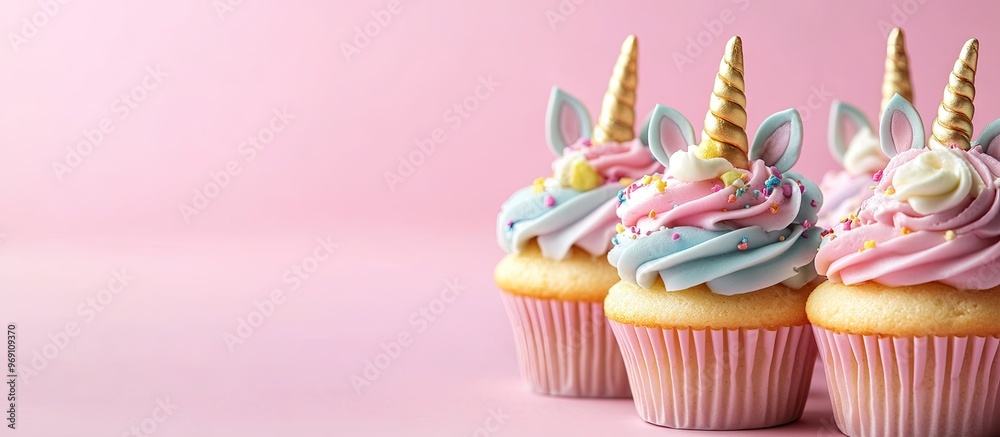 Leinwandbilder several adorable sweet unicorn cupcakes on a pink background. with copy space image. place for addin