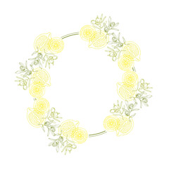 Circle frame with Olives and lemons. Hand drawn round line border, leaves and flowers, wedding invitation and cards, logo design and posters template. Elegant minimal style floral vector isolated 