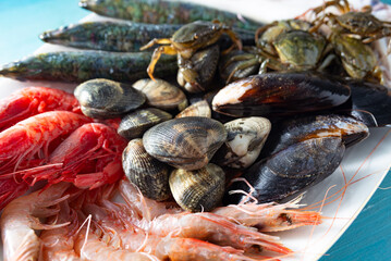 Molluschi, crostacei e pesce fresco, cibo mediterraneo 
