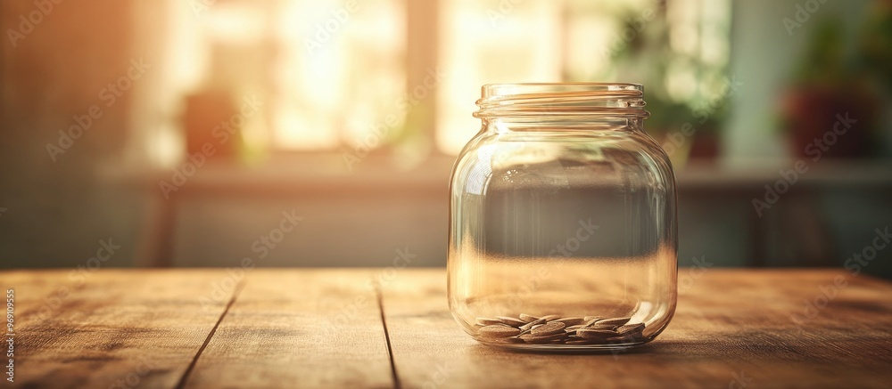 Poster Glass jar with suggestions on a table indoors Area for text. with copy space image. Place for adding text or design