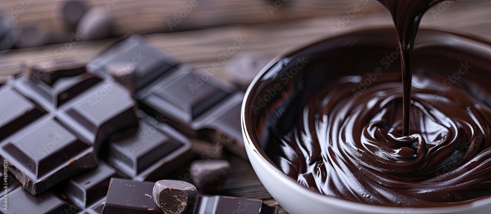 Leinwandbilder Macro photo of high quality dark chocolate being poured into a bowl with a shallow focus. with copy space image. Place for adding text or design