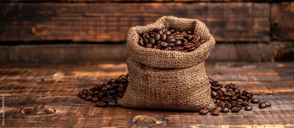 Aufkleber Bag of coffee beans on a wooden surface. with copy space image. Place for adding text or design