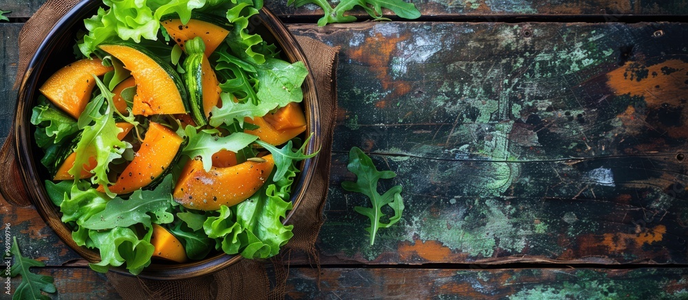 Poster Pumpkin salad with green leaves and lettuce a healthy meal or snack ingredient displayed on the table from a top view perspective with copy space for text set against a rustic food background