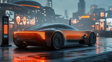 Obraz premium Futuristic eco-friendly electric cars powered by AI-optimized energy sources: A sleek electric car charging wirelessly in a smart city.