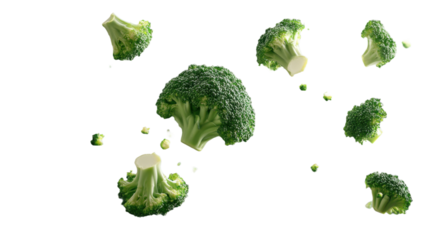 Falling broccoli isolated on transparent background, fresh vegetable in motion