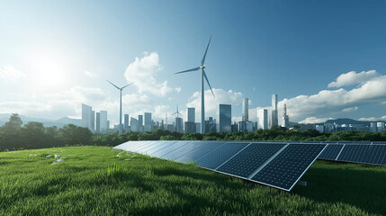 A futuristic city skyline powered by renewable energy sources, with solar panels, wind turbines, and green rooftops visible across the urban landscape.