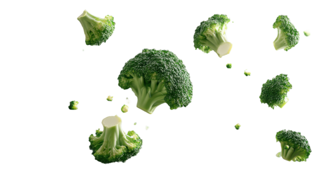 Falling broccoli isolated on transparent background, fresh vegetable in motion