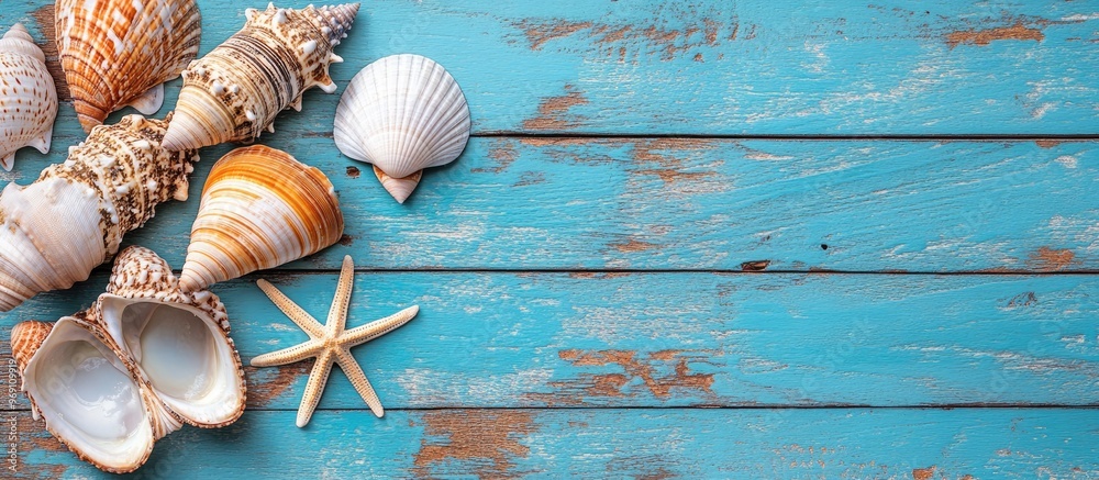 Aufkleber Idea of summer with sea shells on a blue wooden background. with copy space image. Place for adding text or design