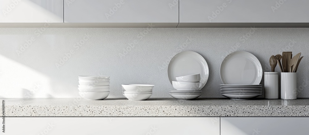 Poster clean dishes on a white kitchen interior with a granite countertop with no one present. with copy sp