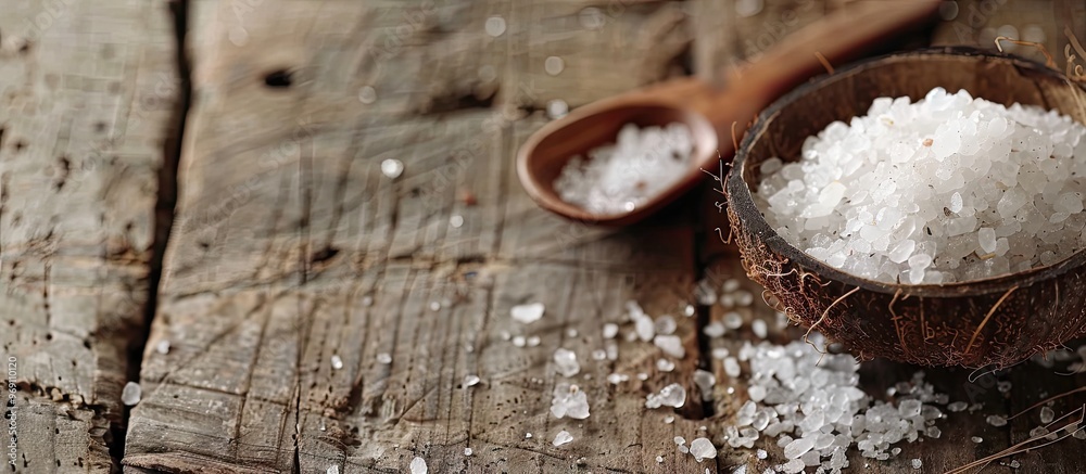 Poster Sea salt in a coconut shell and a wooden spoon on a weathered wooden surface with copy space for text