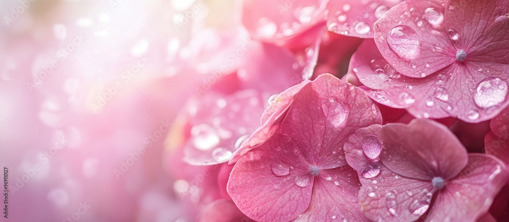 Leinwandbilder pink hydrangea with droplets of water. with copy space image. place for adding text or design