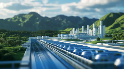 A futuristic hydrogen fuel cell plant, with clean, blue hydrogen being produced and stored, surrounded by green landscapes.