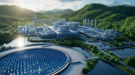 A futuristic hydrogen fuel cell plant, with clean, blue hydrogen being produced and stored, surrounded by green landscapes.