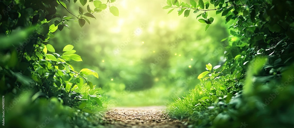 Poster Pathway among green branches with motion blur. with copy space image. Place for adding text or design