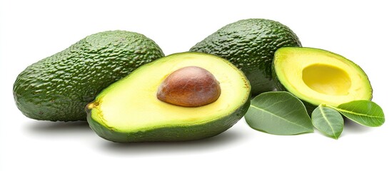 Fresh organic ripe green whole and sliced Fuerte avocado with leaves copyspace close up isolated on a white background