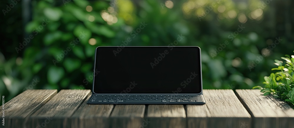 Poster Black tablet with a keyboard placed on a wooden gardening table. with copy space image. Place for adding text or design