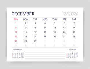 December 2024 calendar. Planner calender template. Week starts Sunday. Desk monthly organizer. Timetable grid. Table schedule layout. Vector simple illustration. Paper size A5. Corporate diary.