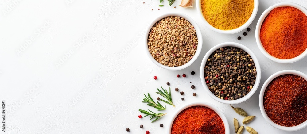 Poster various spices in bowls on a white background top view with copyspace