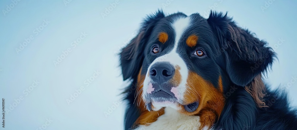 Poster Selective focus vertical portrait of a beautiful yellow Bernese Mountain Dog mixed with a Pyrenean Mountain Dog resting against a simple blue background. with copy space image
