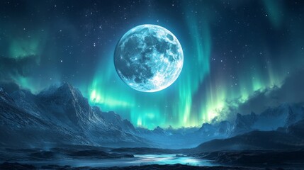 Full Moon Over Snowy Mountains with Aurora Borealis. generative ai illustration.