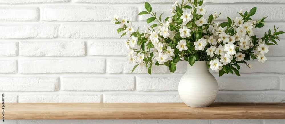 Fototapete wooden shelf featuring a vase with a lovely bouquet of jasmine flowers on a white brick wall providi