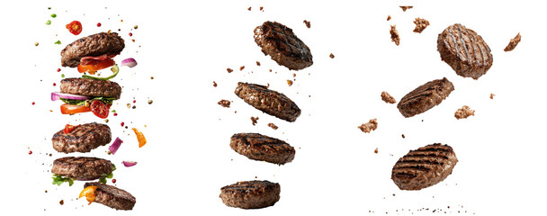 Set of Falling grilled hamburger meat, isolated on white background, juicy beef patty in motion
